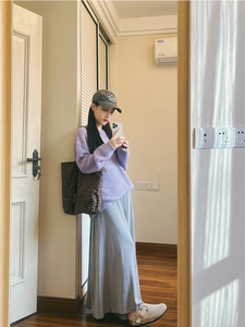 TT坏坏 2024春装紫色长袖薄款宽松针织圆领套头衫女韩系休闲上衣