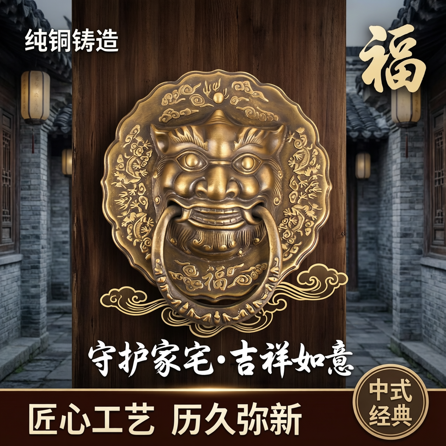 中式纯铜木门兽头铜门环拉手老式狮子头门环复古玻璃门大门铜把手