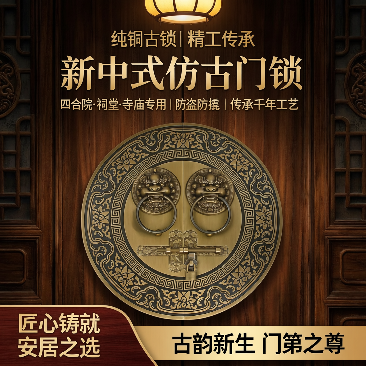 新中式仿古纯铜大门门锁插销门栓锁别墅四合院祠堂寺庙实木门把手