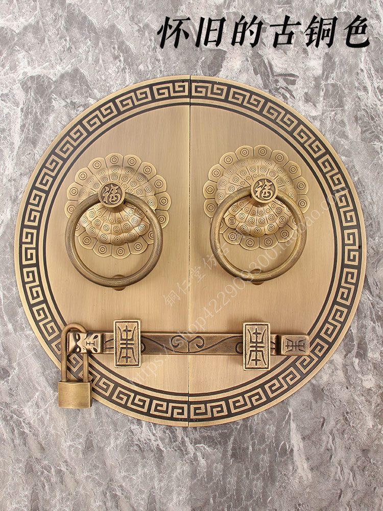 中式纯铜简约回纹大门门环拉手仿古别墅寺庙木门门栓插销铜门把手