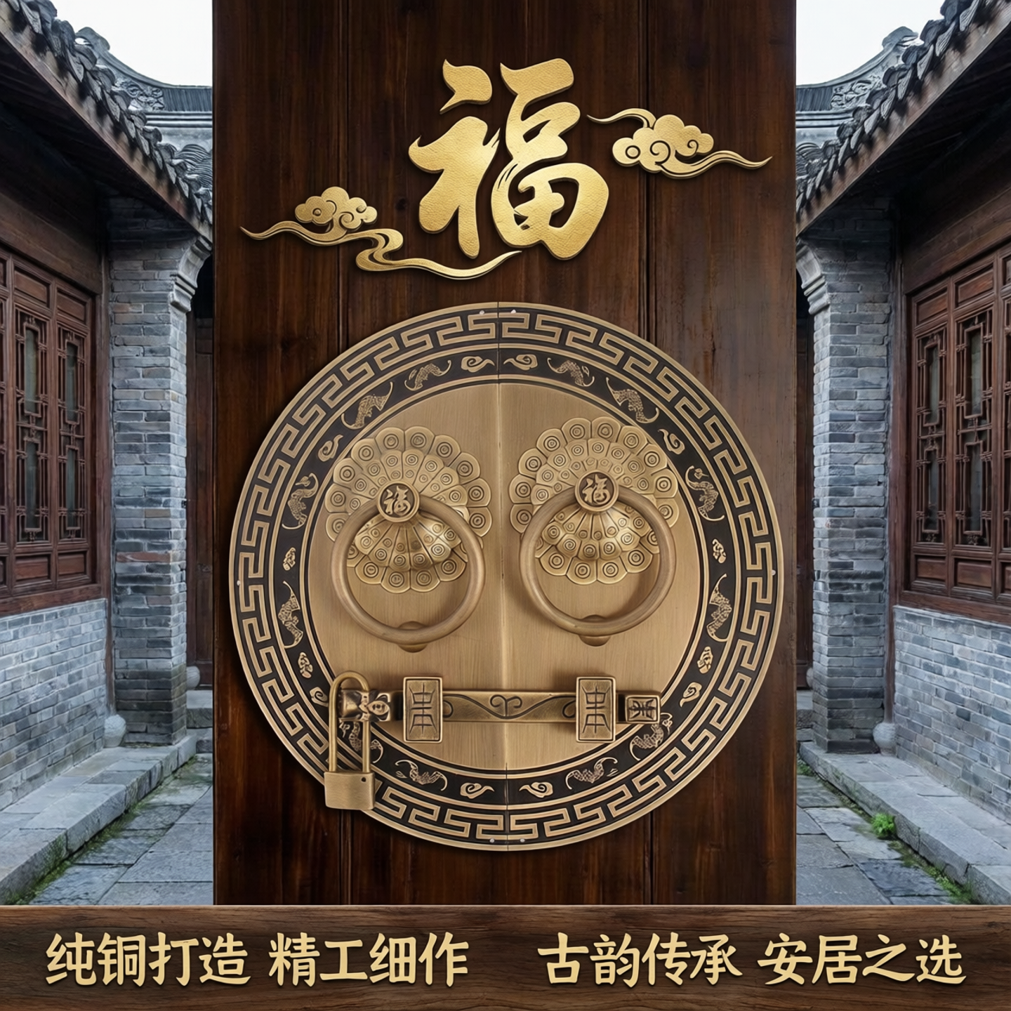 中式纯铜大门门锁拉手加粗铜门环门把手仿古复古木门门锁插销门栓