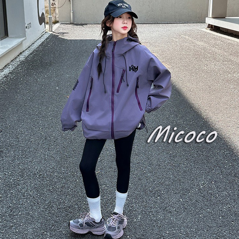 秋冬款2025时尚紫色连帽外套女童百搭休闲运动上衣冲锋衣潮款
