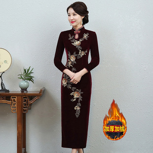 加绒加厚丝绒旗袍秋冬宴会礼服厂家直销复古连衣裙长款妈妈装