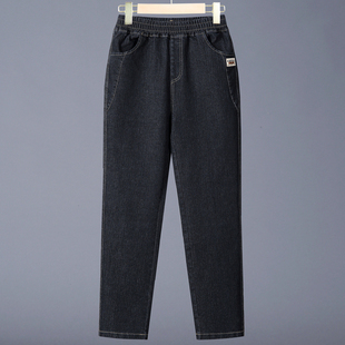冬季老太太加绒牛仔直筒裤高腰深裆奶奶裤子大码松紧腰妈妈装长裤