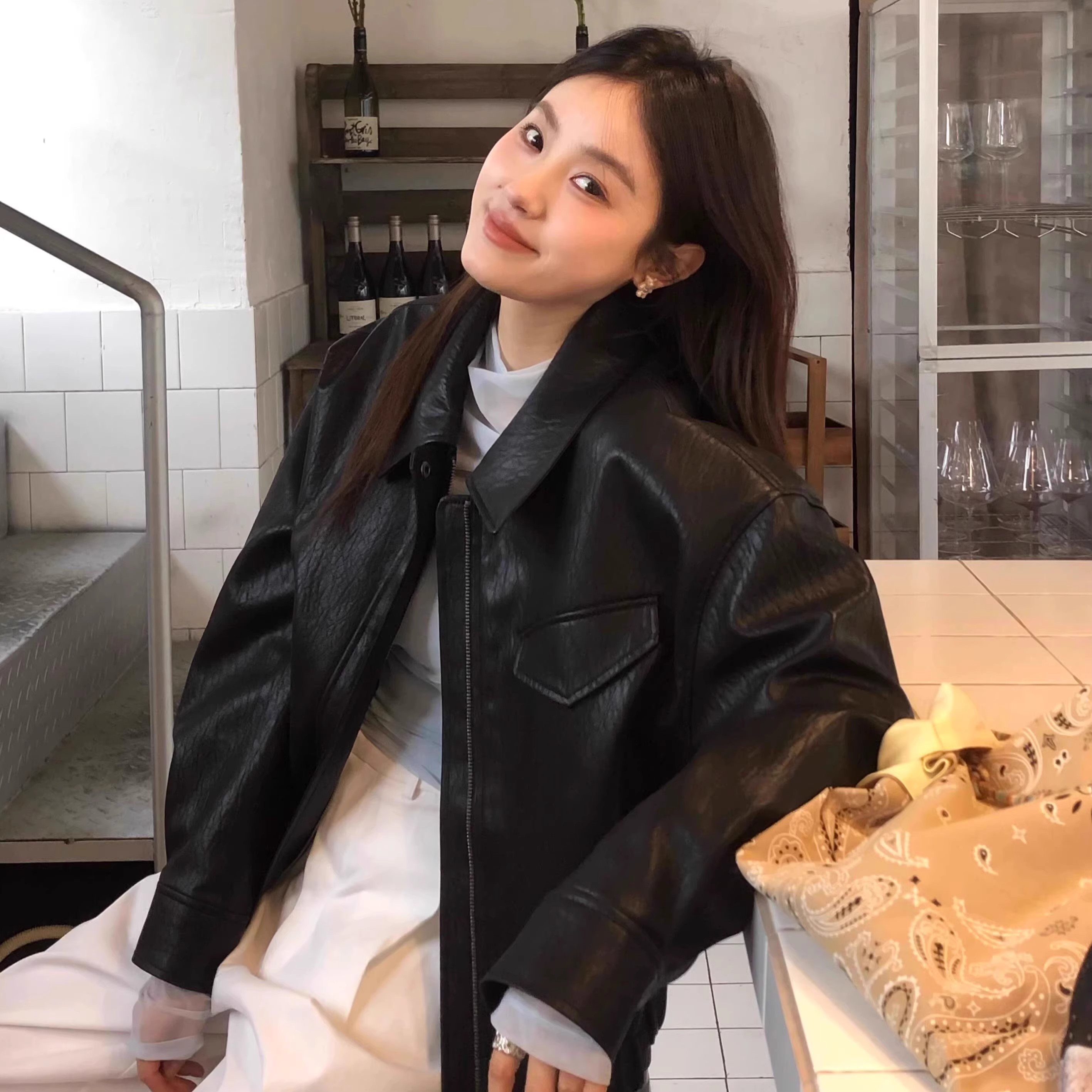 美式复古黑色皮衣外套女春秋2025新款高级感宽松PU皮夹克机车服