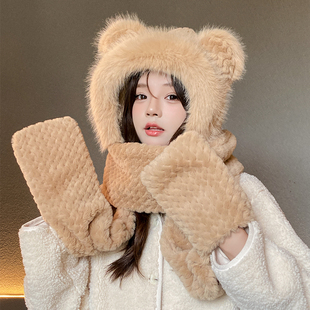 清仓帽子手套围巾女冬季加厚骑车防寒卡通百搭保暖围脖护耳毛绒帽