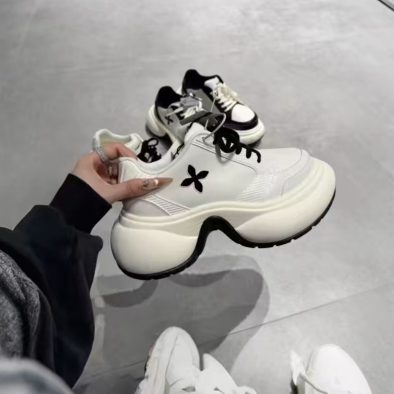 羊皮版！十字花厚底休闲运动鞋女松糕跟网面真皮系带老爹鞋女百搭