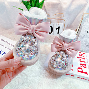 冬季2025女童防水加绒保暖雪地靴小女孩水钻棉鞋女公主风靴子短靴