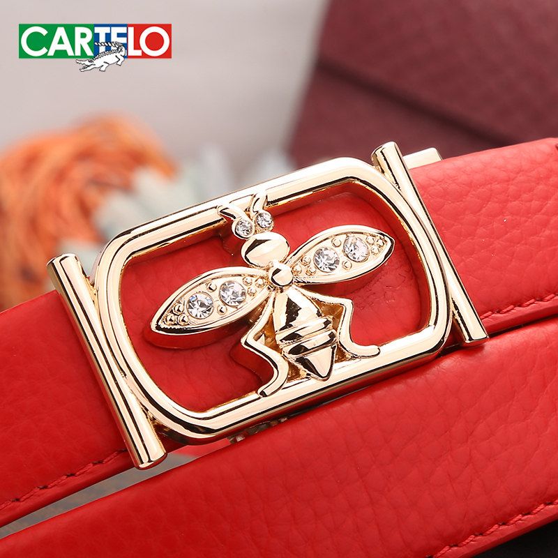 鳄鱼皮带女士头层纯牛皮腰带时尚小蜜蜂自动扣镶钻装饰真皮女裤带