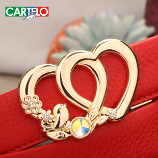 带 饰软真皮裤 女头层纯牛皮红色腰带自动扣时尚 休闲百搭装