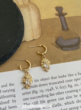 南法假日 小众艺术感不规则肌理镀金耳圈耳环 s925纯银针复古耳饰