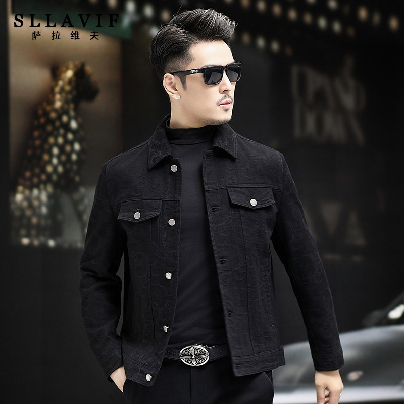 萨拉维夫高端翻领牛仔外套男春秋季2025新款潮流压花覆古通勤男装