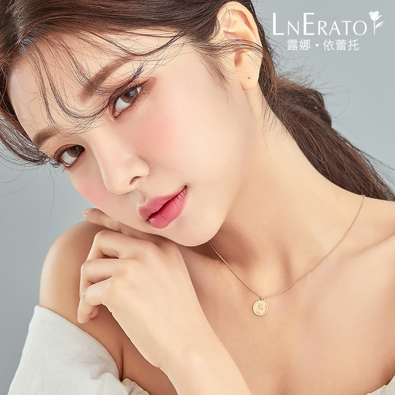 韩国露娜依蕾托原创设计14K金项链女锁骨链 硬币头像吊坠彩金首饰