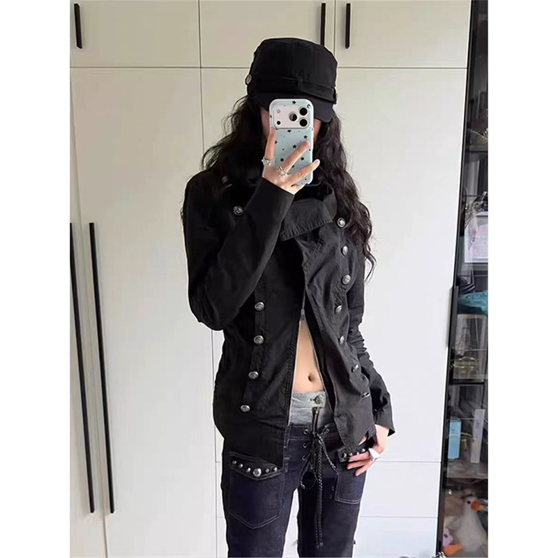 thumbnail for Subculture high-neck vintage jacket women's spring new Napoleon shoulder jacket punk style black slim top