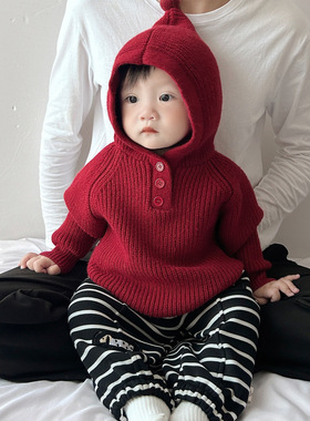 婴儿衣服秋冬红色毛衣连帽针织衫周岁宝宝喜庆新年服儿童圣诞毛衣