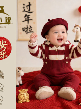 新年红色婴儿毛衣超好看宝宝针织套装连帽毛线衣分体裤婴童两件套