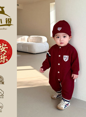 2026新款红色毛衣婴儿连体衣韩版男童春装针织爬服新年宝宝毛线衣