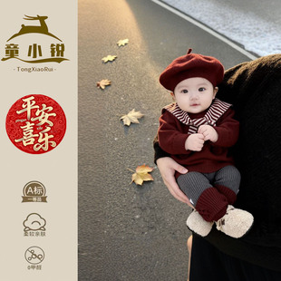 女童超好看毛衣套装春秋季婴儿针织衫新年一岁宝宝红色过年喜庆服