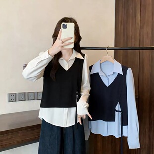 女宽松显瘦百搭长袖 2026春季 假两件衬衫 胖mm200斤大码 上衣 新款