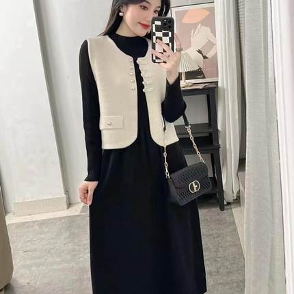 小香风针织马甲连衣裙两件套女秋冬2024新款气质显瘦高级感套装裙