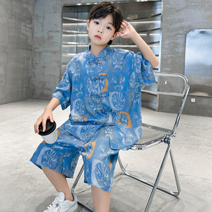 男童汉服套装夏装2025新款中国风唐装冰丝牛仔夏季盘扣纯棉两件套