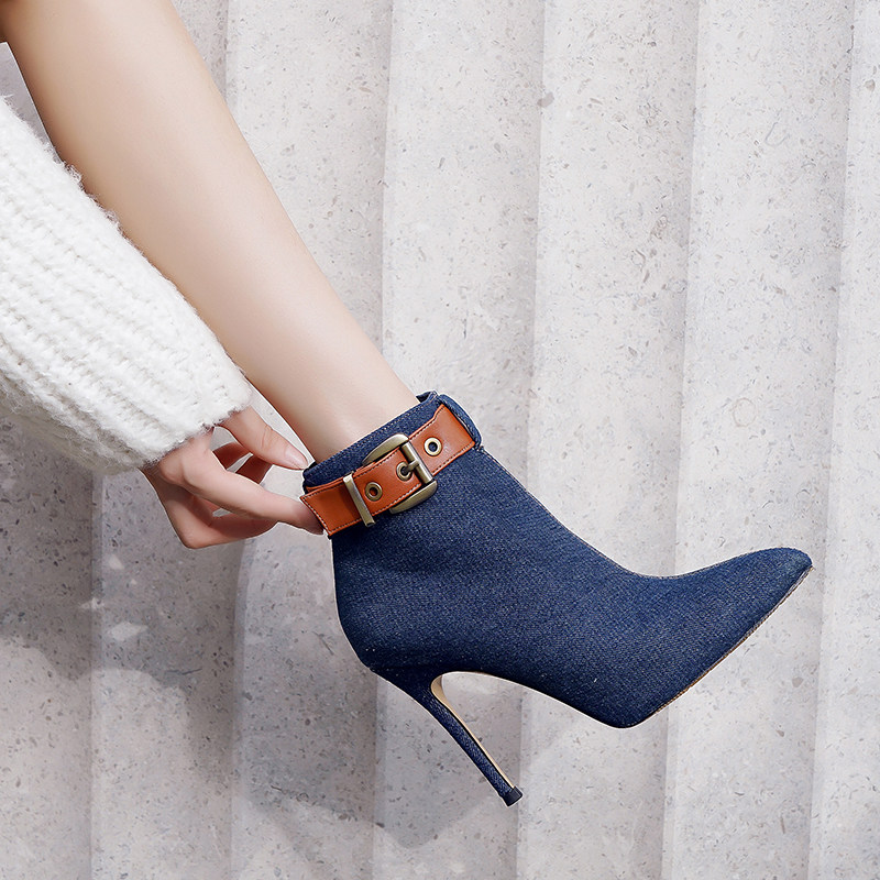 高跟短靴女牛仔布细跟皮带扣尖头马丁靴秋冬季新款短筒时装靴,女鞋,时装靴,淘宝优惠券,粉丝福利购,淘宝优惠卷
