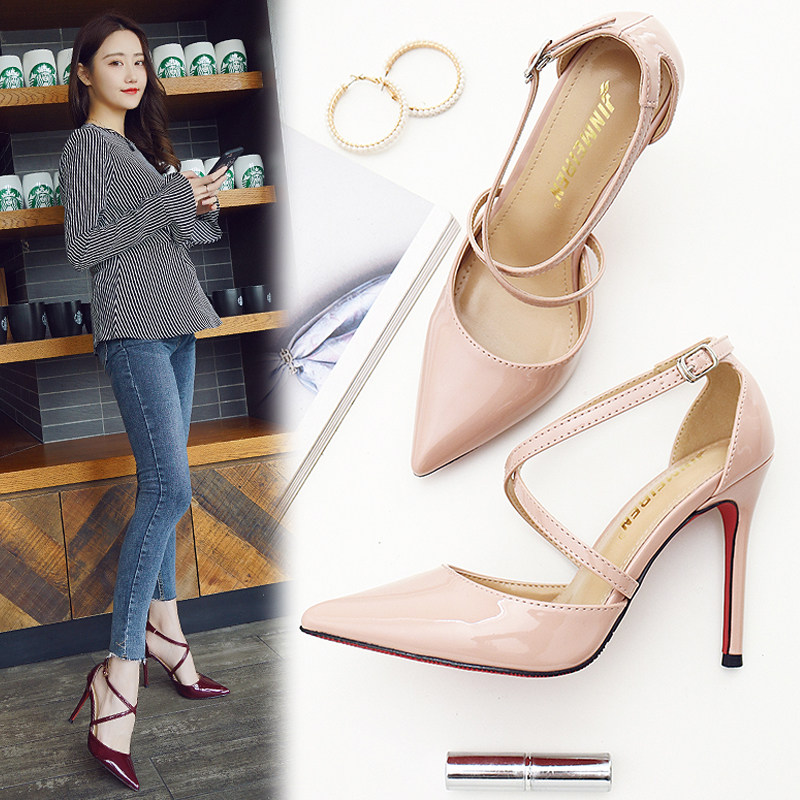 春季新款尖头高跟鞋交叉绑带网红漆皮女鞋性感酒红色细跟单鞋