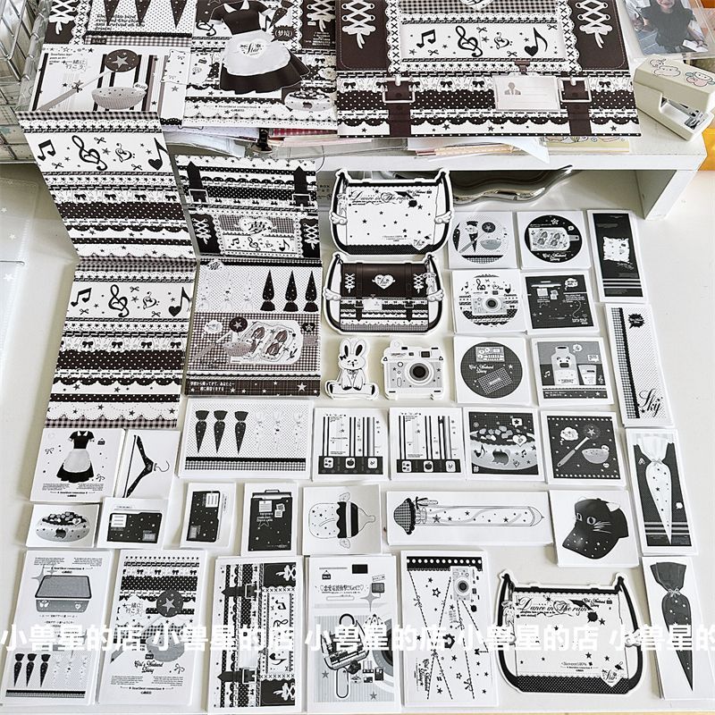 黑白梦境35款文创打包材料覆膜折页卡片贴纸切膜纸包diy手账装饰