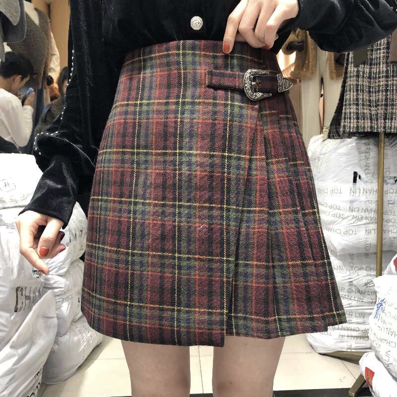 清仓2026年秋冬时尚酒红色格纹呢料a字裙高腰显瘦短裙半身裙女