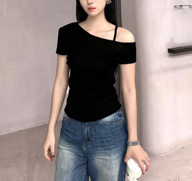 DUDU 新款韩版时尚斜领带垫肩棉显瘦洋气丝绒T恤上衣女