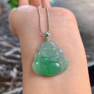天然缅甸翡翠A货冰阳绿18K金镶嵌佛公吊坠飘阳绿