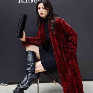 2025年冬季新款貂皮大衣长款 水貂毛皮草女款外套时尚设计千鸟格
