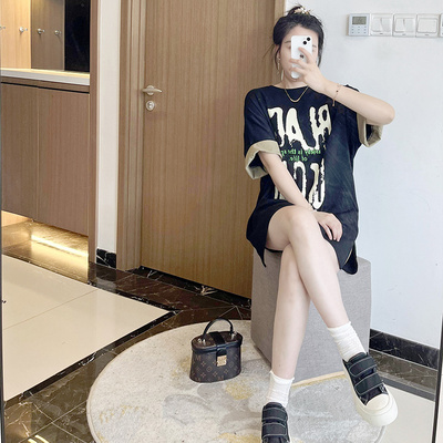 显瘦短袖字母T恤连衣裙大码