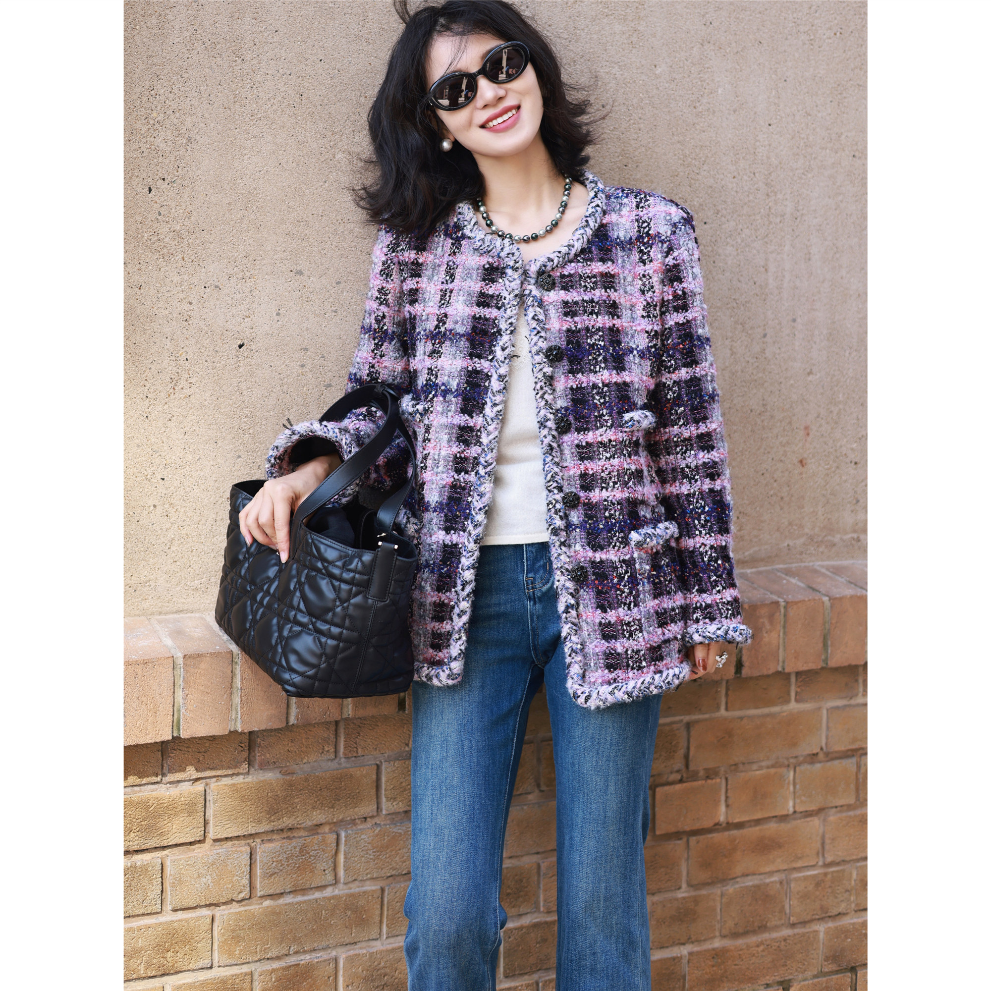 爵莱菲大码法式时髦紫色小香风外套女秋冬手工编织经典羊毛粗花呢,女装/女士精品,常规大码外套,淘宝优惠券,粉丝福利购,淘宝优惠卷