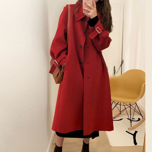 亏本清仓双面呢大衣女新款中长款红色零羊绒外套秋冬款赫本风结婚