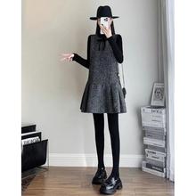 复古气质小香风连衣裙2025秋冬蝴蝶结无袖背心裙子毛呢大码胖mm