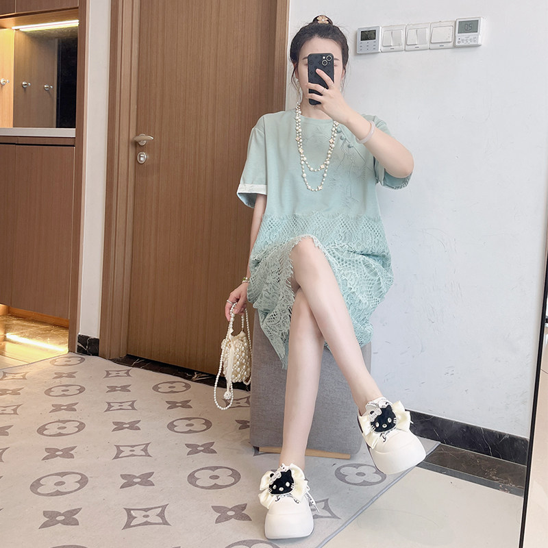 蕾丝拼接新中式假两件连衣裙女夏2025欧货宽松大码气质直筒裙胖mm