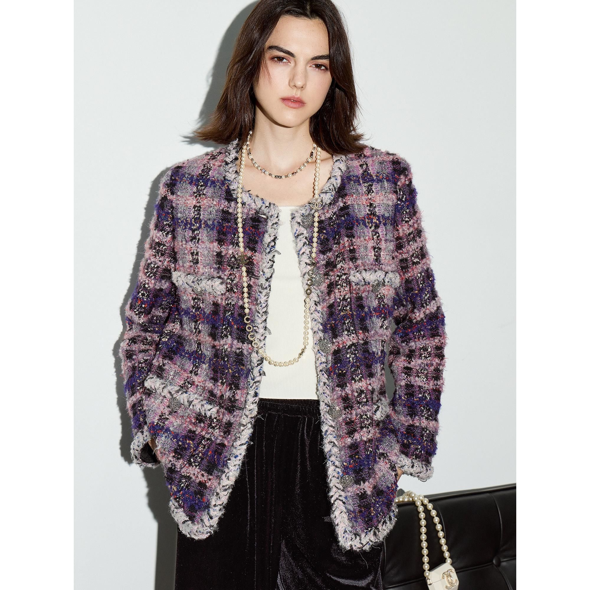 爵莱菲大码高定紫色四口袋一手长小香粗花呢外套显瘦气质秋冬2025