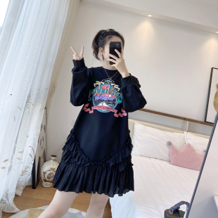 新款卫衣连衣裙大码显瘦胖妹妹女装200斤裙子秋冬2025荷叶边黑色