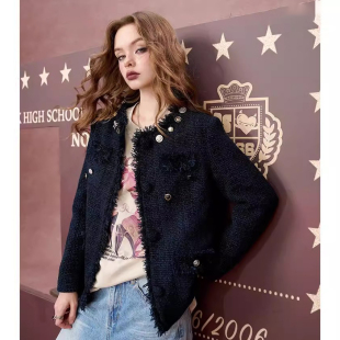 爵莱菲大码 气质藏青粗花呢小香风外套女25秋新名媛上衣 胖mm女装