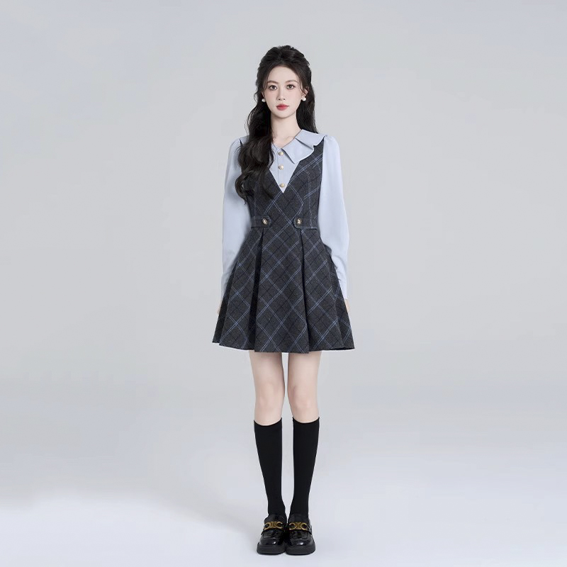 法式娃娃领假两件绝美连衣裙女秋季