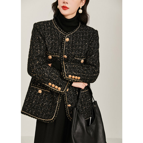 爵莱菲大码财阀千金真90白鹅绒+羊毛粗花呢珠片小香风羽绒服外套