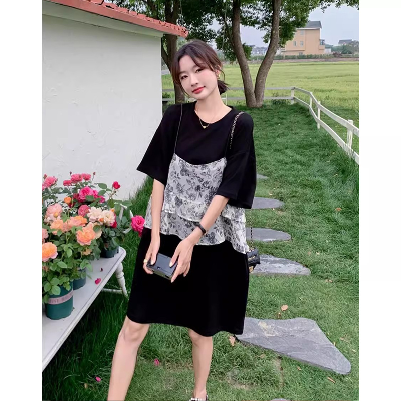 法式碎花假两件连衣裙女夏