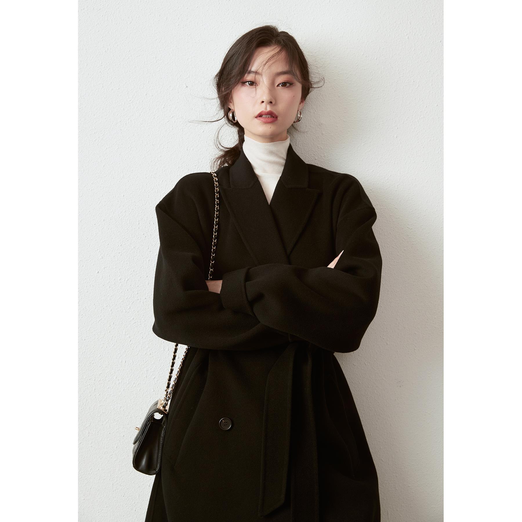 爵莱菲大码双面羊绒大衣女中长款秋冬赫本风黑色高端毛呢外套胖mm