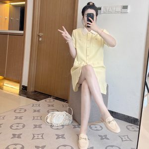 2025春夏新款设计感小香风裙子柠檬黄直筒连衣裙女小个子大码胖mm