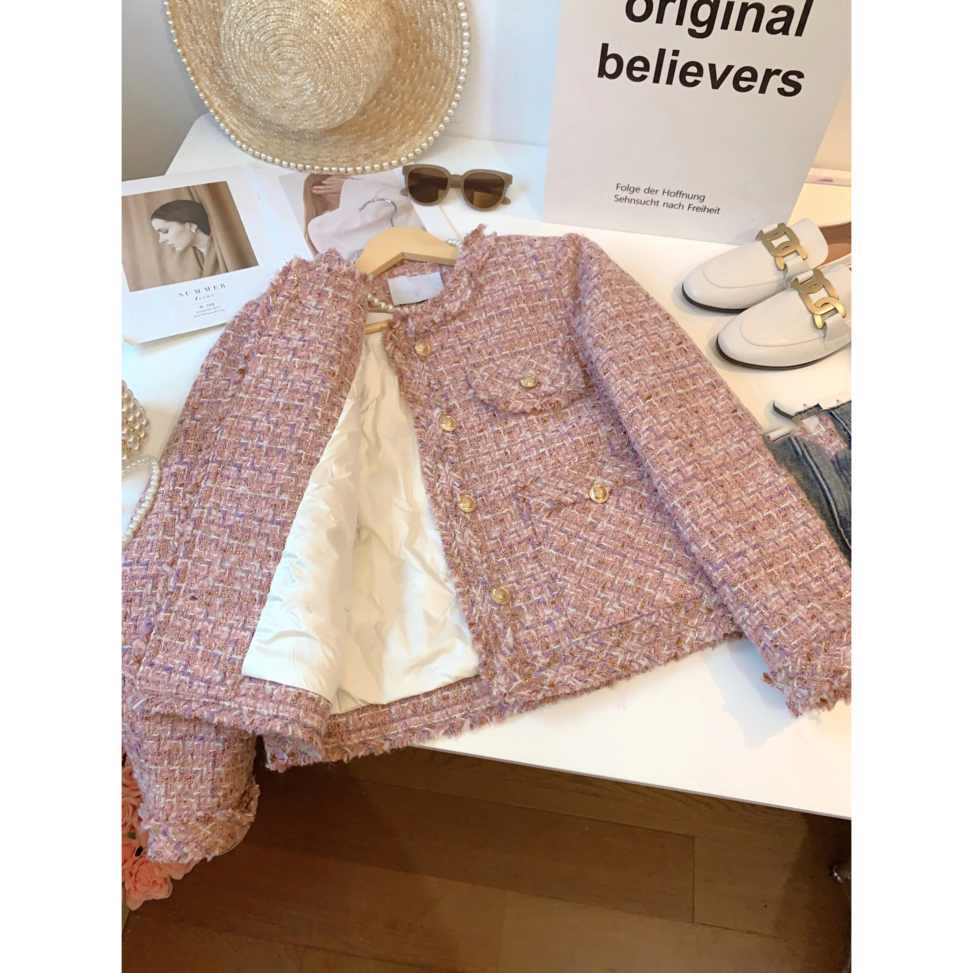 爵莱菲大码粉色羽绒内胆小香风羊毛呢外套女冬加厚保暖粗花呢编织