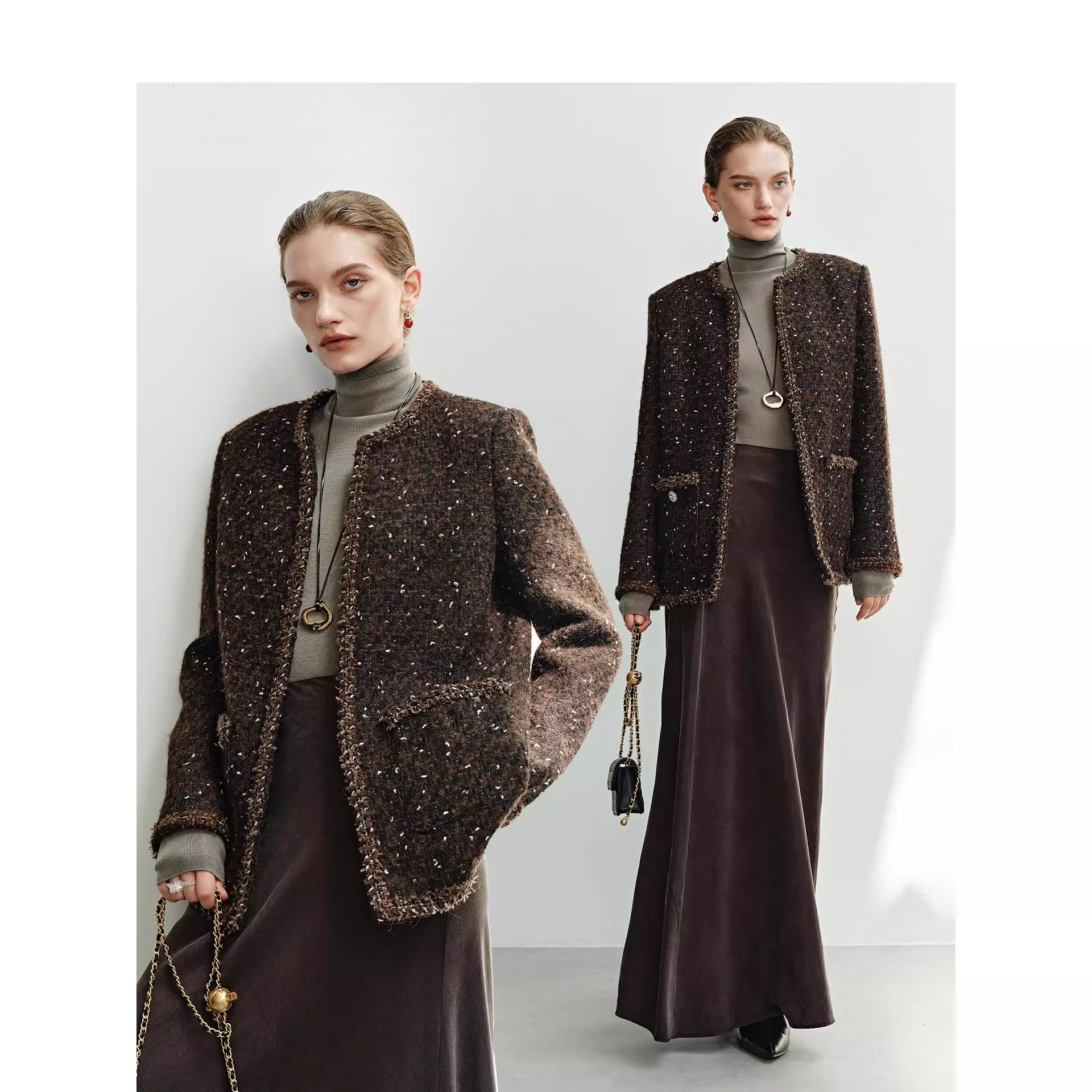 爵莱菲大码重工静奢银豆豆小香风25秋冬羊毛银丝绒感美拉德外套女