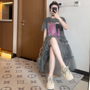 新款 胖mm T恤裙女寬松印花連衣裙大碼 假兩件拼接網(wǎng)紗蛋糕裙中長款