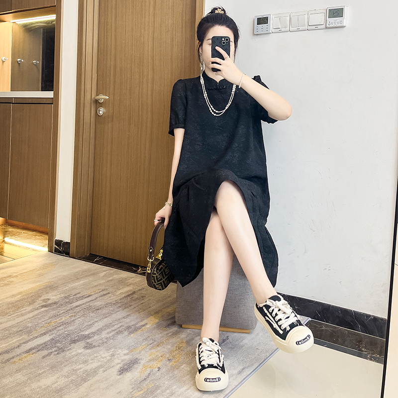 连衣裙2025夏新款女装复古宽松显瘦肌理感短袖新中式旗袍大码胖mm
