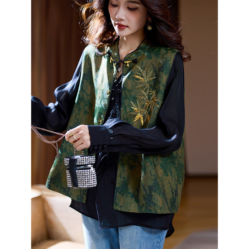 爵莱菲大码国风印花钉珠马甲外套女春季复古大码女装新款洋气上衣,女装/女士精品,常规大码外套,淘宝优惠券,粉丝福利购,淘宝优惠卷